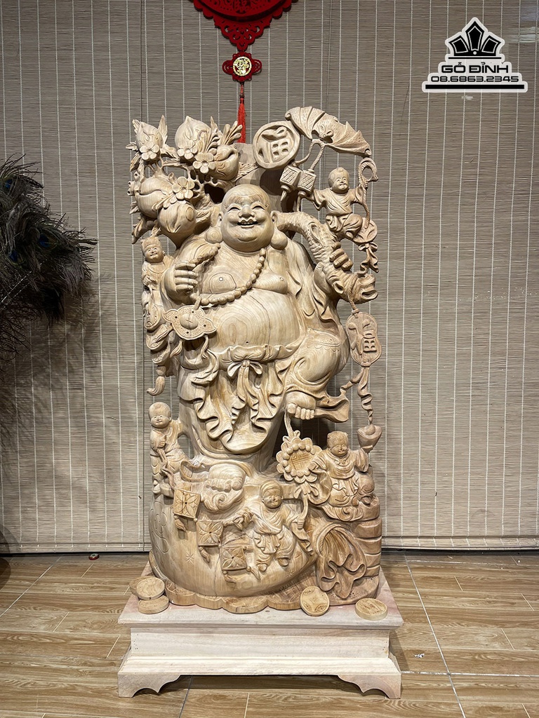 Tượng Phật Di Lặc Vác Cành Đào Gỗ Ngọc Am Cao 95 Ngang 49 Sâu 25 (cm) 0