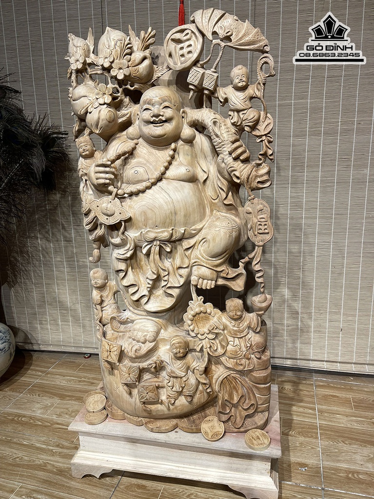 Tượng Phật Di Lặc Vác Cành Đào Gỗ Ngọc Am Cao 95 Ngang 49 Sâu 25 (cm) 1