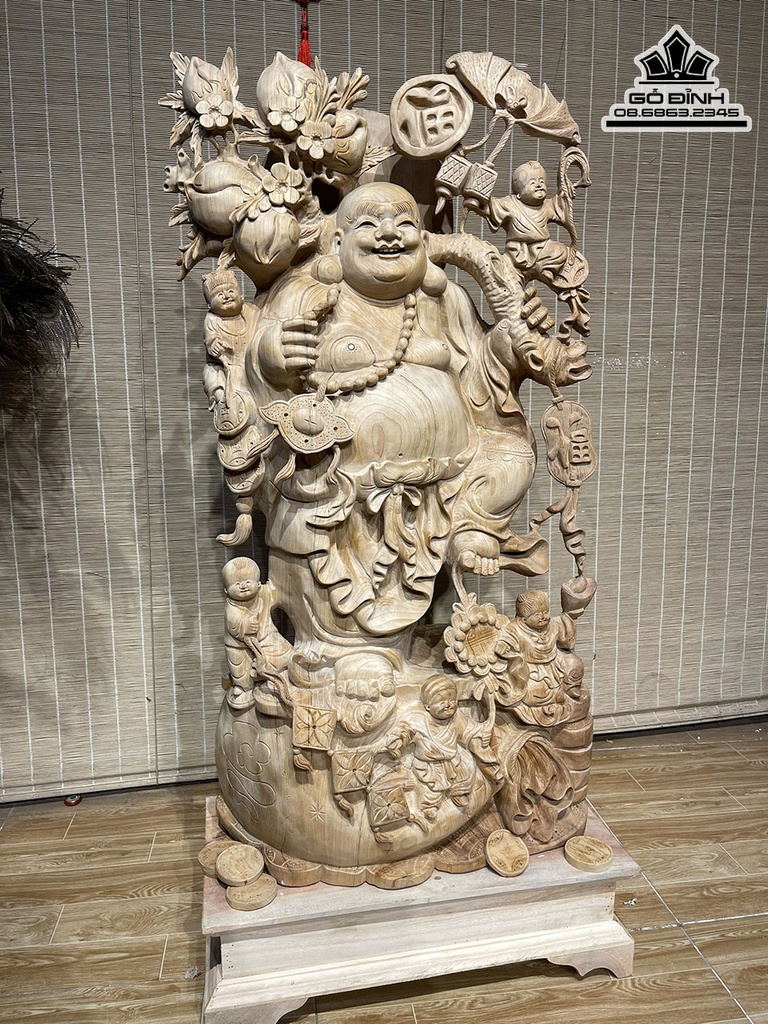 Tượng Phật Di Lặc Vác Cành Đào Gỗ Ngọc Am Cao 95 Ngang 49 Sâu 25 (cm) 2