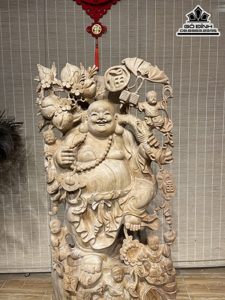 Tượng Phật Di Lặc Vác Cành Đào Gỗ Ngọc Am Cao 95 Ngang 49 Sâu 25 (cm) 3