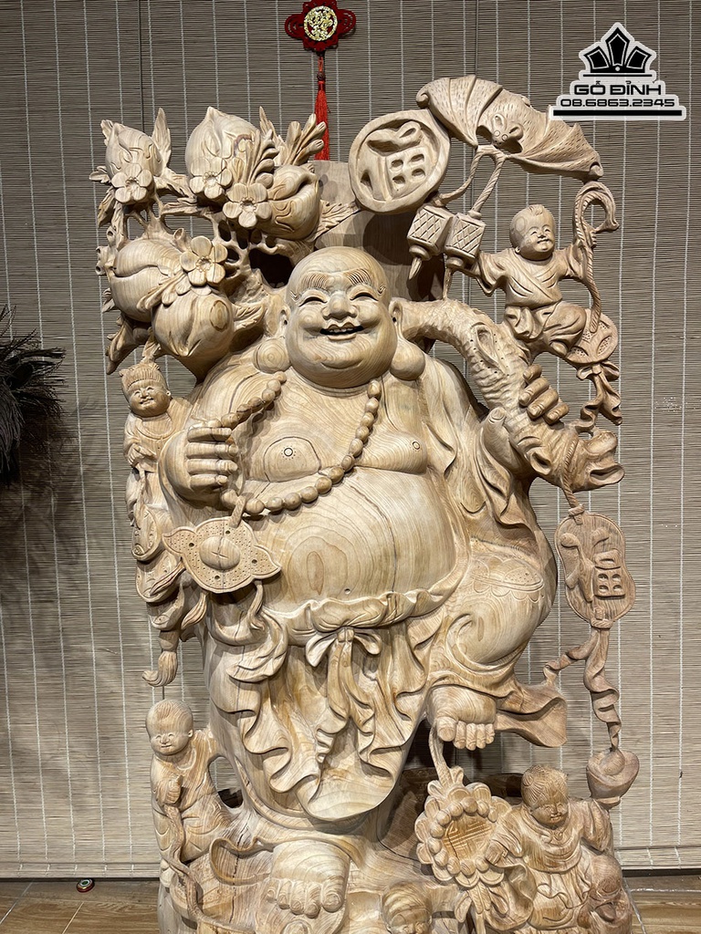 Tượng Phật Di Lặc Vác Cành Đào Gỗ Ngọc Am Cao 95 Ngang 49 Sâu 25 (cm) 8