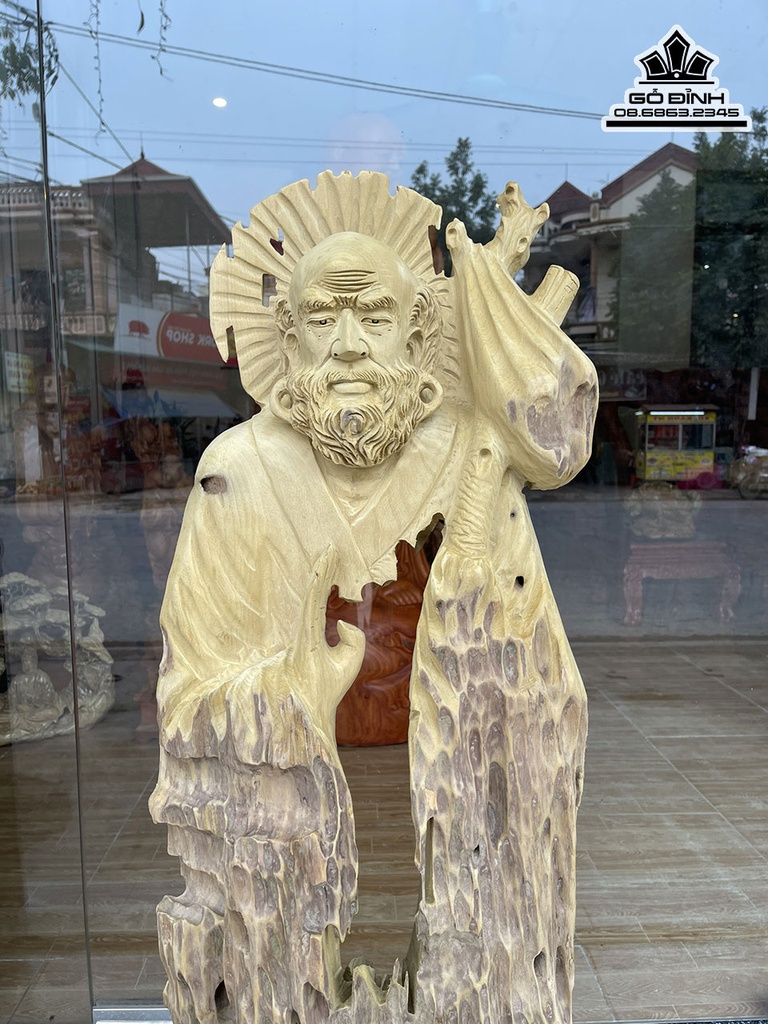 Tượng Đạt Ma Tâm Rỗng Gỗ Dổi Cao 115 Ngang 40 Sâu 22 Cả Kỷ 130 (cm) 2