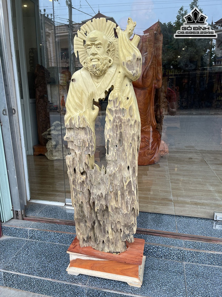 Tượng Đạt Ma Tâm Rỗng Gỗ Dổi Cao 115 Ngang 40 Sâu 22 Cả Kỷ 130 (cm)4