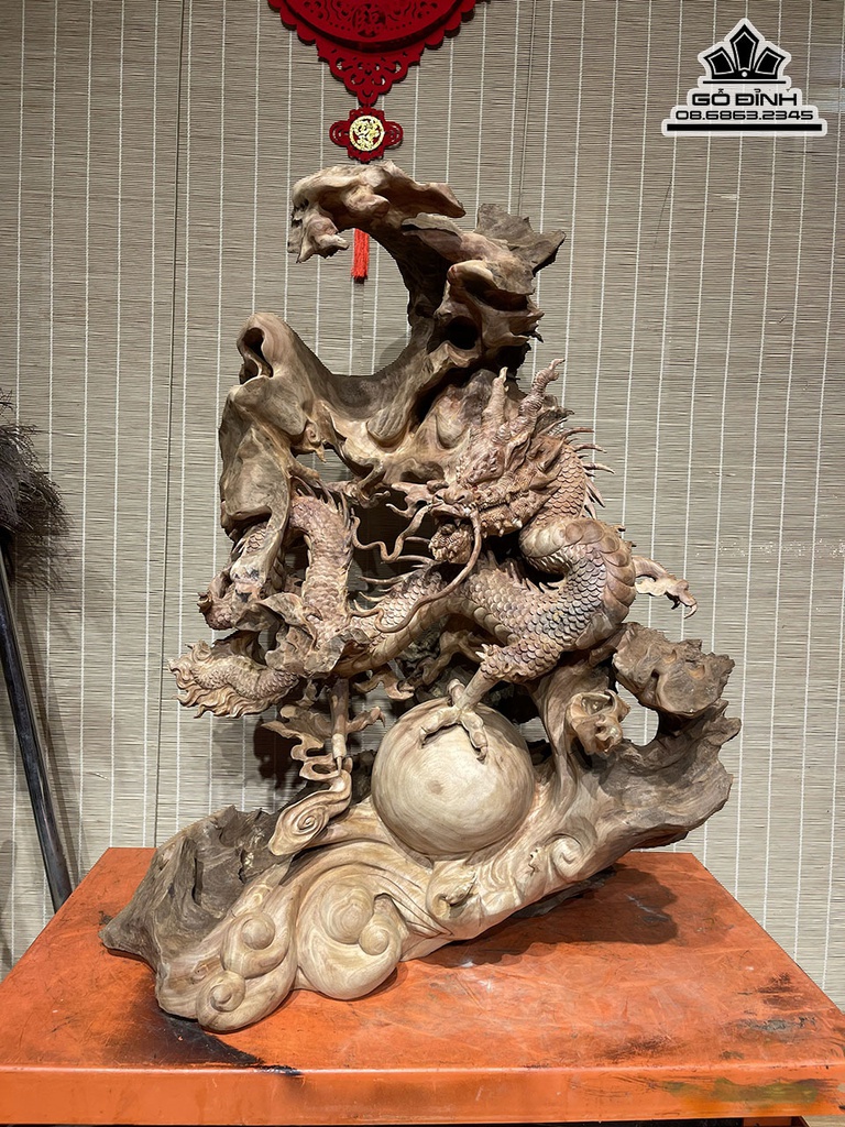 Tượng Nhất Long Vờn Ngọc Gỗ Xá Xị Cao 80 Ngang 63 Sâu 46 Cả Kỷ 93 (cm) 1