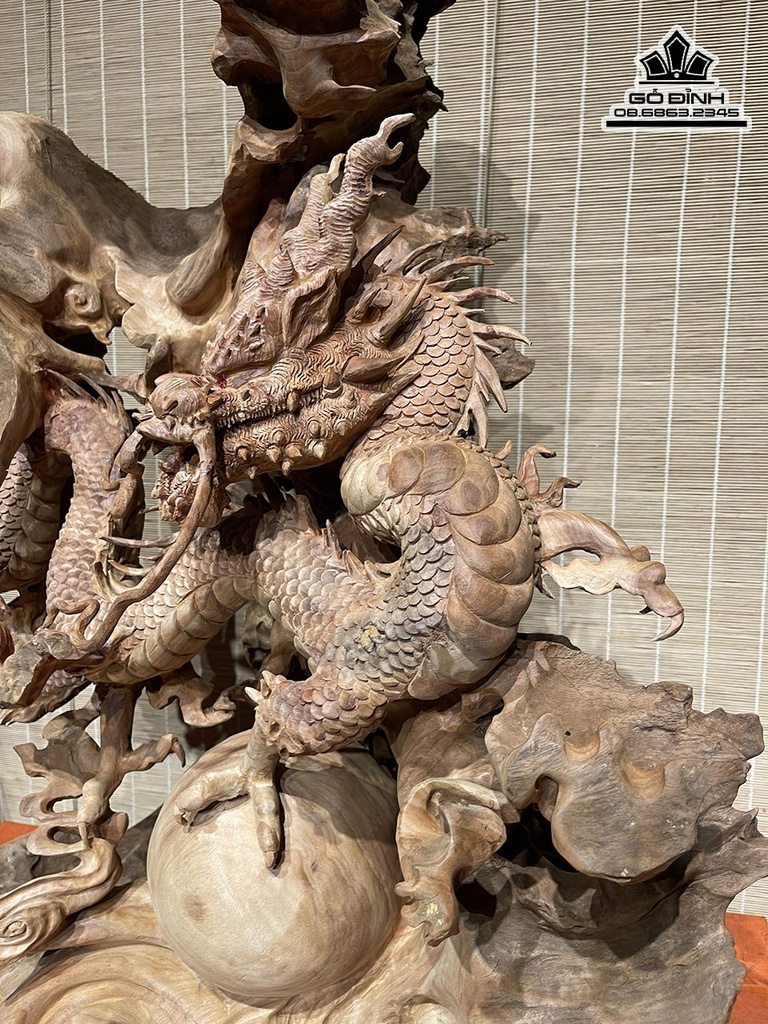 Tượng Nhất Long Vờn Ngọc Gỗ Xá Xị Cao 80 Ngang 63 Sâu 46 Cả Kỷ 93 (cm) 2