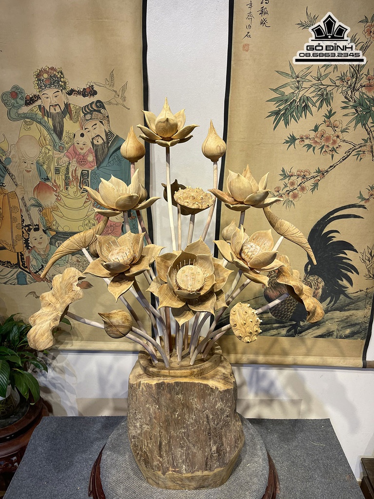 BÌnh Hoa Sen 19 Bông Gỗ Ngọc Am Cao 93 Ngang 63 Sâu 50 (cm) 0