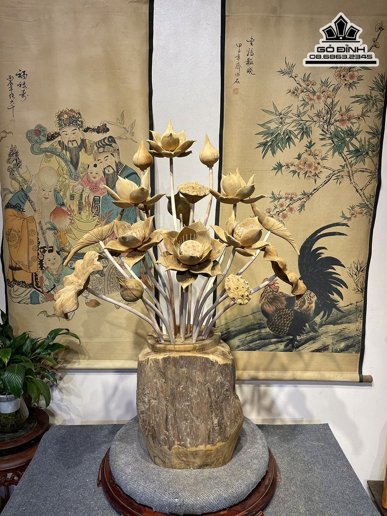 BÌnh Hoa Sen 19 Bông Gỗ Ngọc Am Cao 93 Ngang 63 Sâu 50 (cm) 2