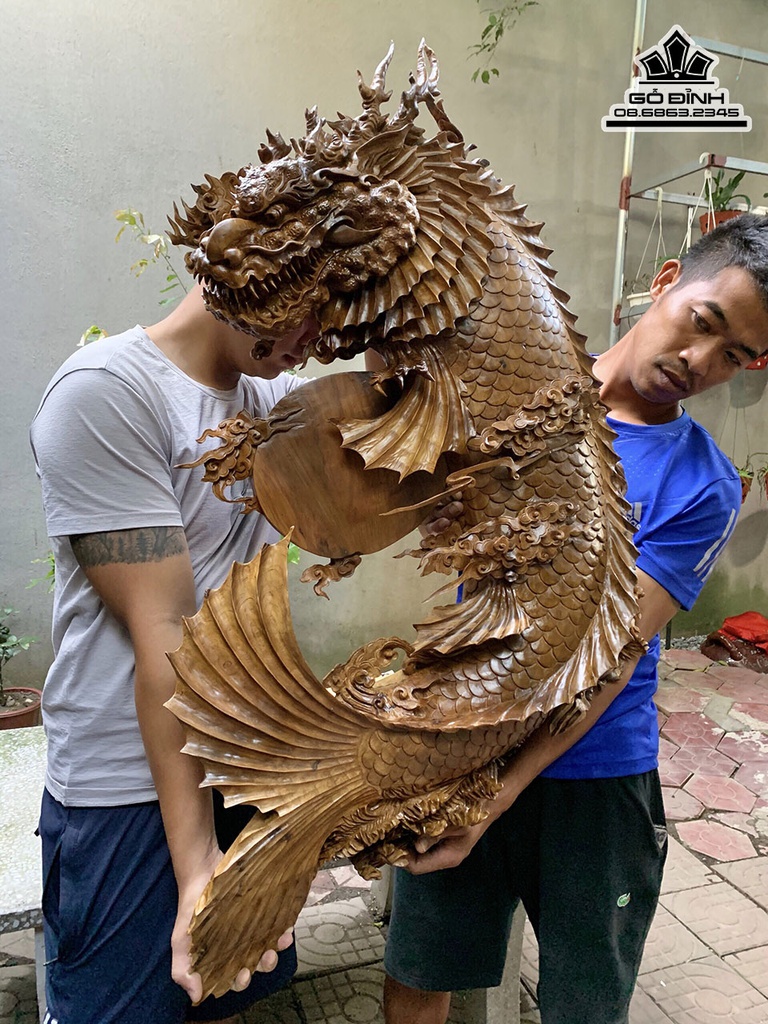 Tượng Cá Hóa Rồng Gỗ Bách Xanh Cao 80 Ngang 90 Sâu 20 (cm) 0
