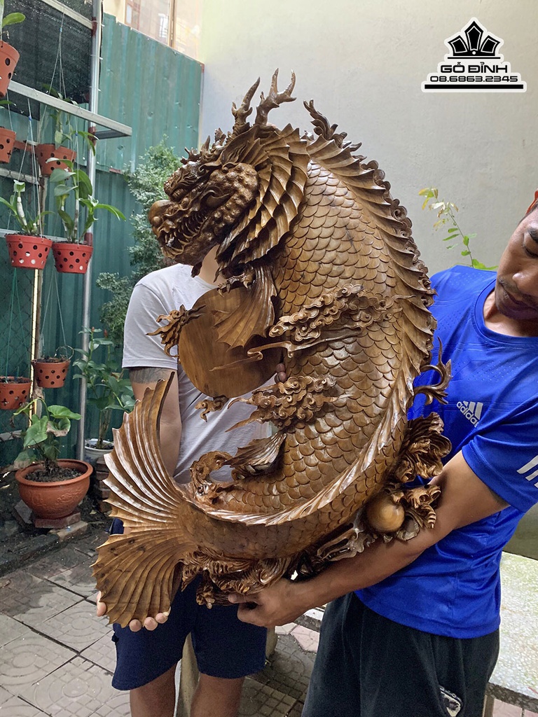 Tượng Cá Hóa Rồng Gỗ Bách Xanh Cao 80 Ngang 90 Sâu 20 (cm) 1