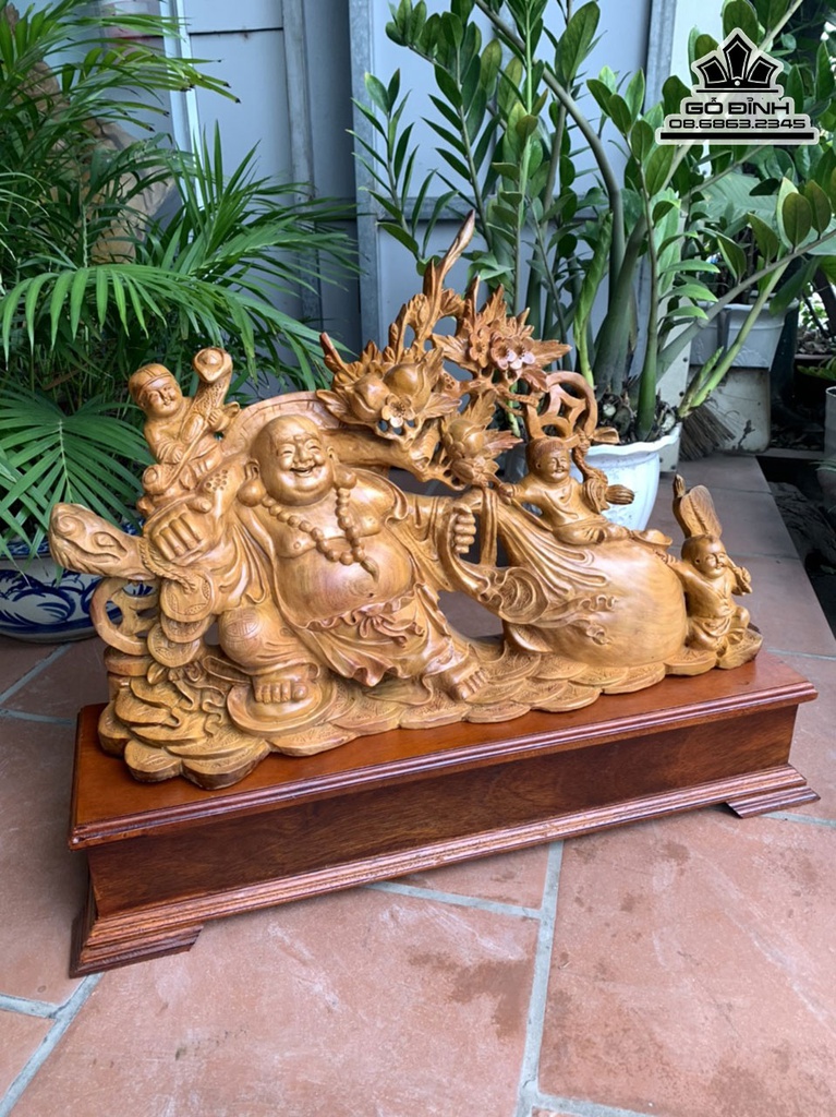 Tượng Phật Di Lặc Kéo Bao Tiền Gỗ Hương Co 66 Ngang 76 Sâu 19 (cm) 3