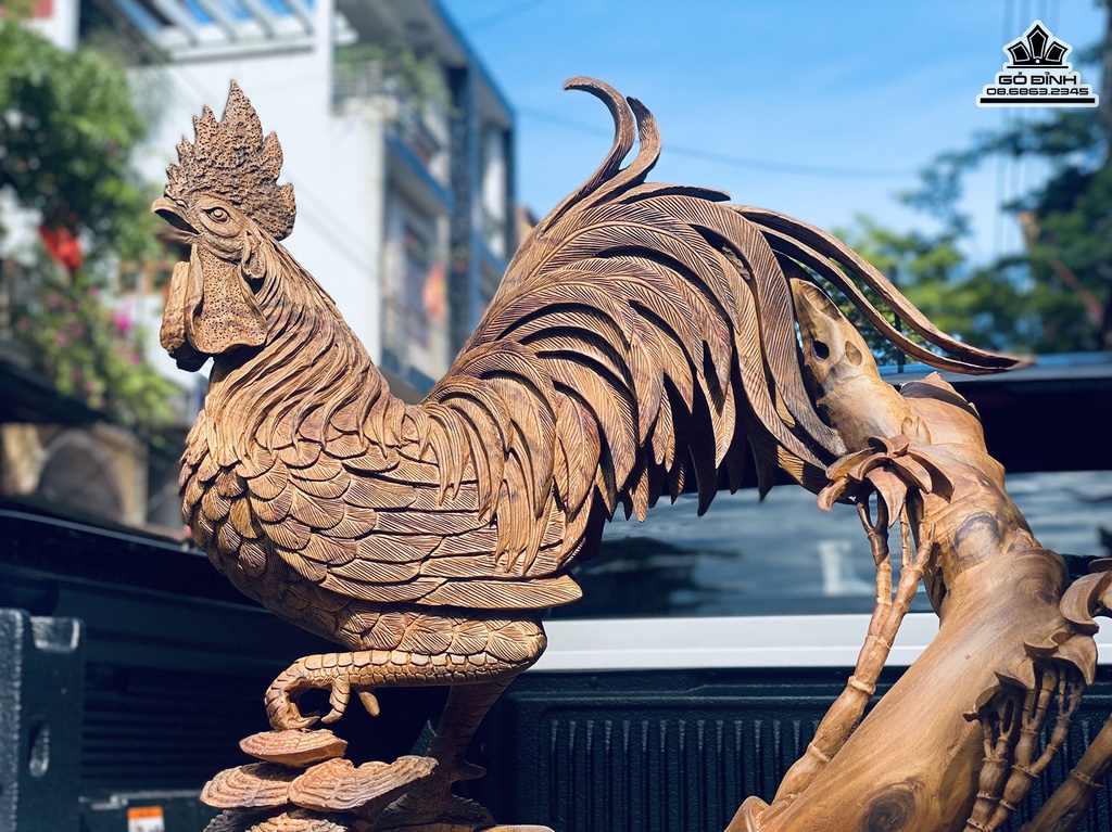 Tượng Gà Gỗ Bách Xanh Liền Khối Cao 75 Ngang 59 Sâu 30 (cm) 3