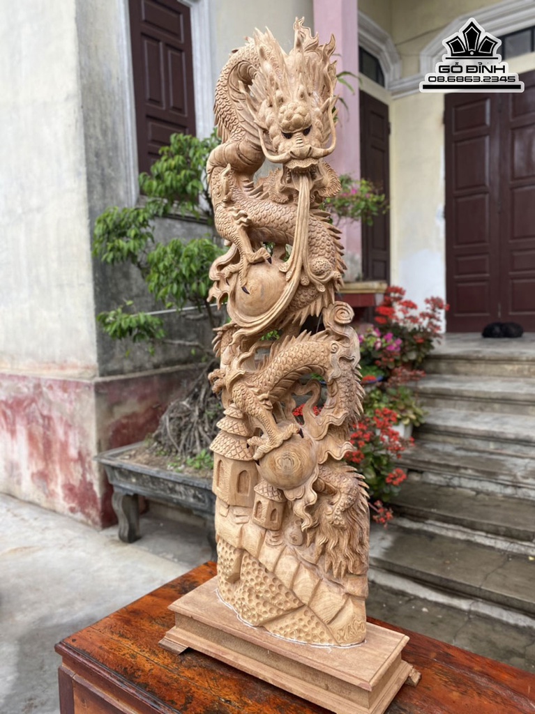Tượng Nhất Long Vờn Ngọc Gỗ Ngọc Am Liền Khối 1