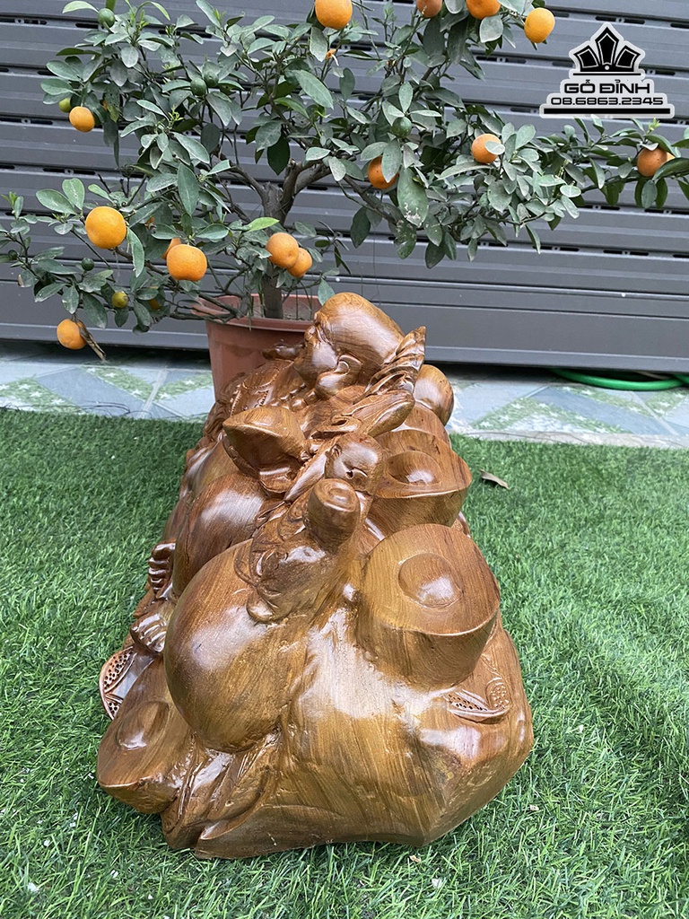 Tượng Di Lặc Tam Phúc Gỗ Bách Xanh Nguyên Khối Cao 30 Ngang 58 Sâu 29 (cm) 0