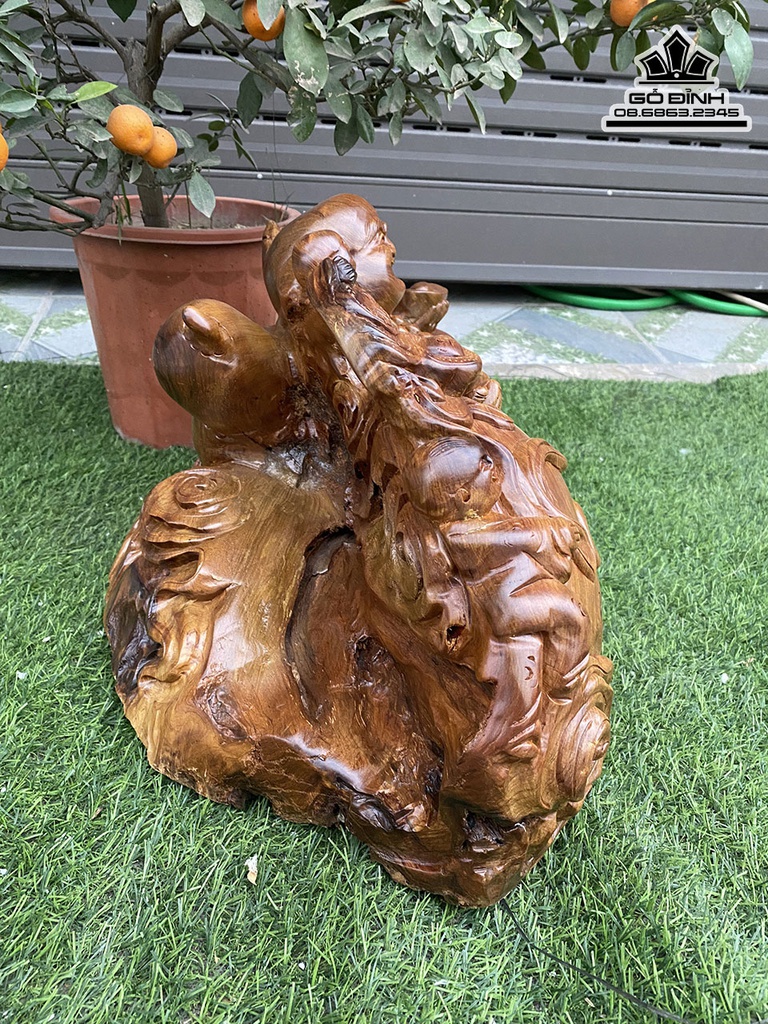 Tượng Di Lặc Tam Phúc Gỗ Bách Xanh Nguyên Khối Cao 30 Ngang 58 Sâu 29 (cm) 1