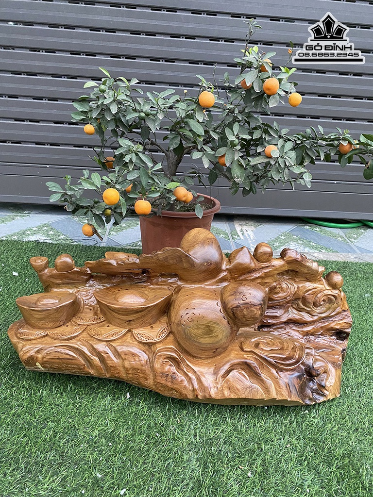 Tượng Di Lặc Tam Phúc Gỗ Bách Xanh Nguyên Khối Cao 30 Ngang 58 Sâu 29 (cm) 2