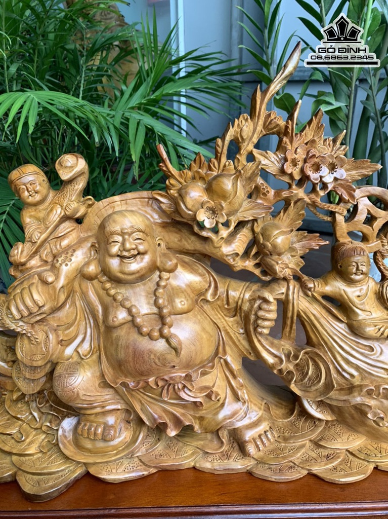 Tượng Phật Di Lặc Kéo Bao Tiền Gỗ Hương Co 66 Ngang 76 Sâu 19 (cm) 0