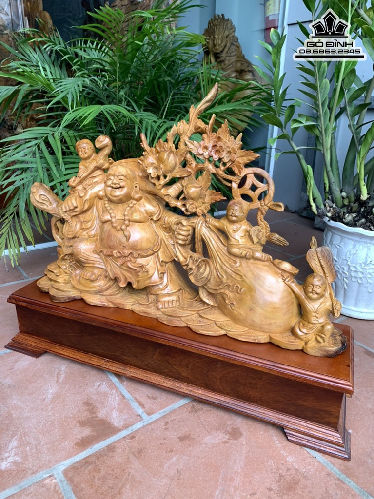 Tượng Phật Di Lặc Kéo Bao Tiền Gỗ Hương Co 66 Ngang 76 Sâu 19 (cm) 4