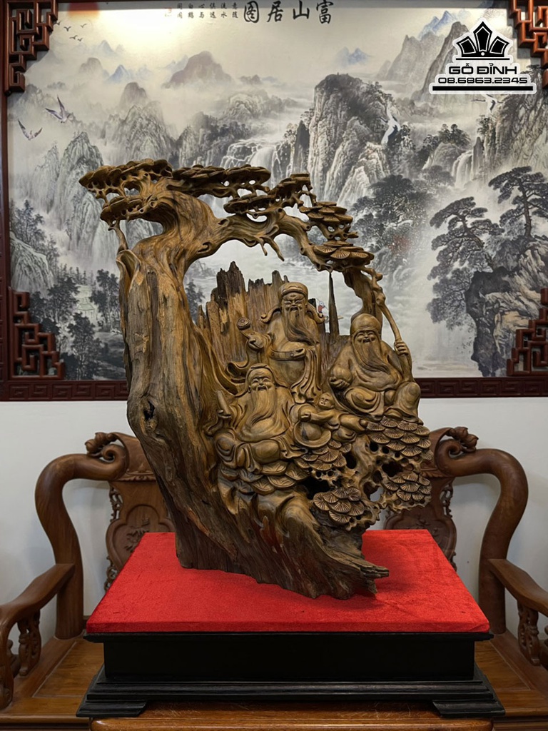 Tượng Phúc Lộc Thọ (Tam Đa) Gỗ Bách Xanh Cao 60 Ngang 36 Sâu 23 (cm) 2