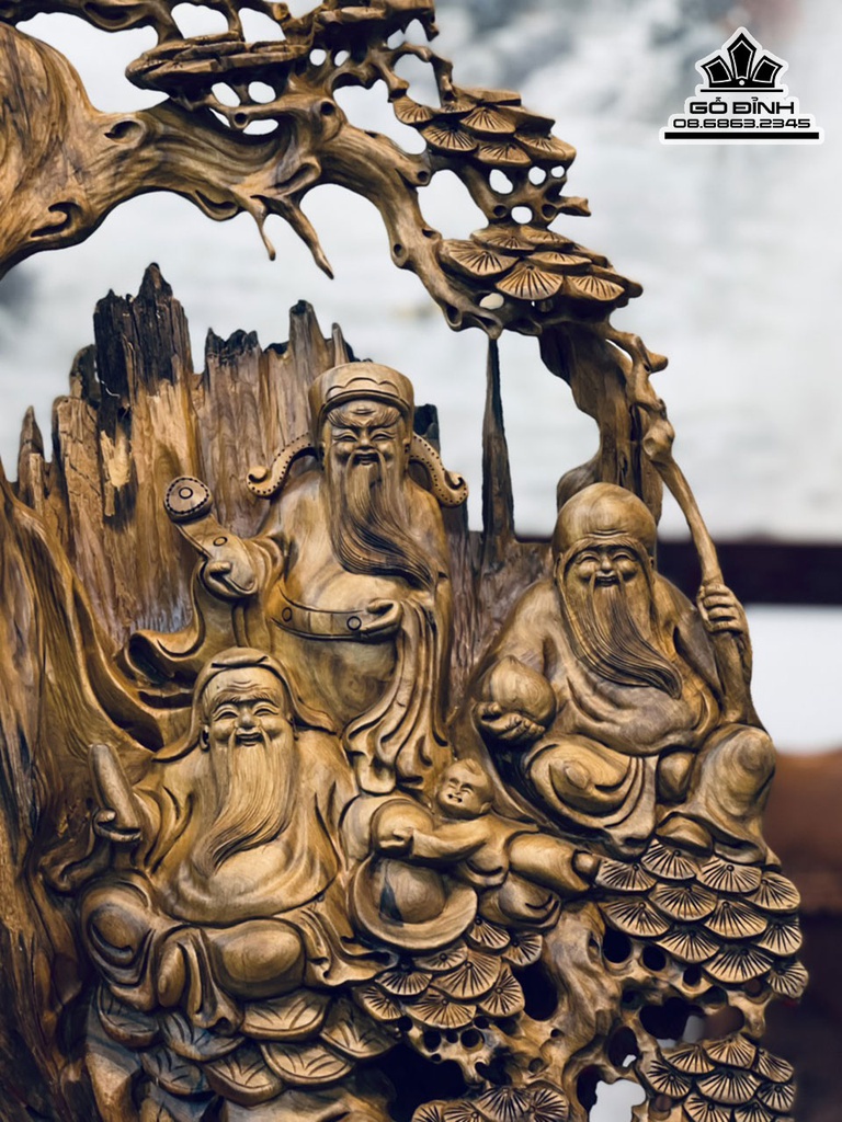 Tượng Phúc Lộc Thọ (Tam Đa) Gỗ Bách Xanh Cao 60 Ngang 36 Sâu 23 (cm) 5
