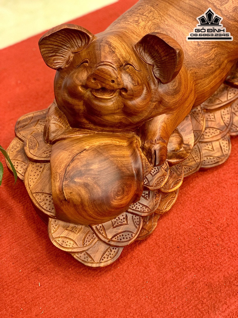 Tượng Heo Gỗ Hương Cao 28 Ngang 50 Sâu 30 (cm) 3