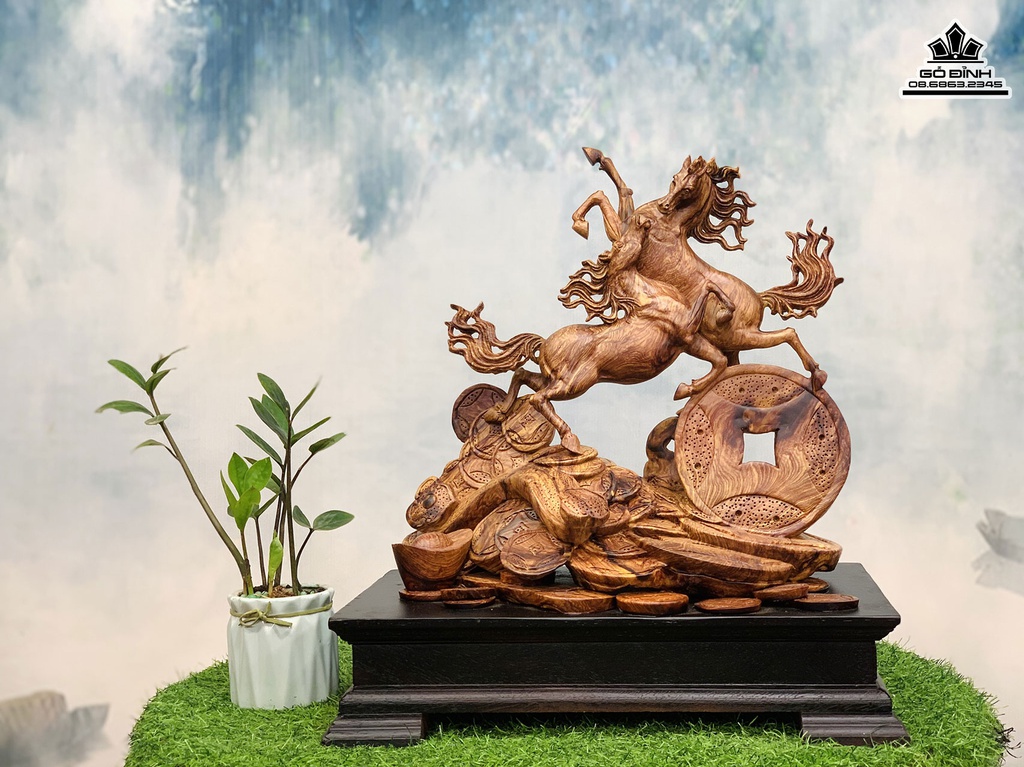 Tượng Ngựa (Song Mã) Uyên Ương Gỗ Cẩm Cao 46 Ngang 40 Sâu 25 (cm) 4