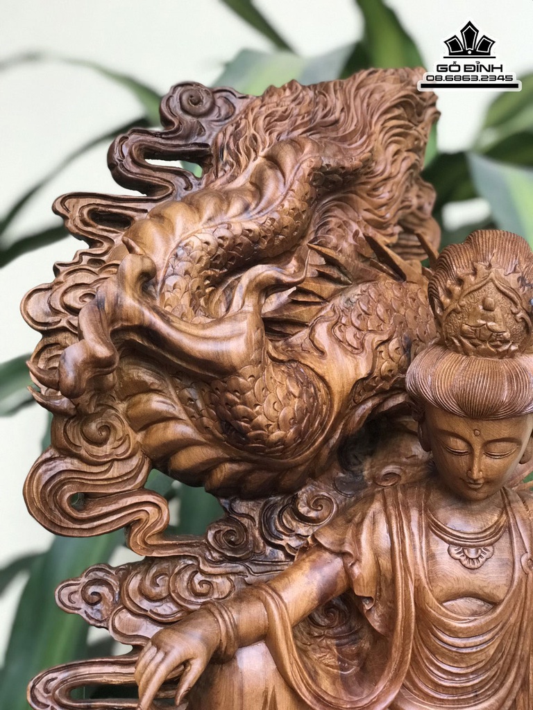 Tượng Phật Quan Âm Ngồi Trên Rồng Gỗ Bách Xanh Cao 98 Ngang 45 Sâu 28 (cm) 2