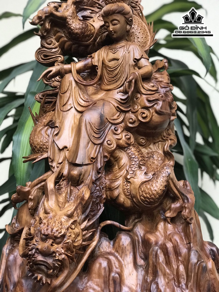 Tượng Phật Quan Âm Ngồi Trên Rồng Gỗ Bách Xanh Cao 98 Ngang 45 Sâu 28 (cm) 5