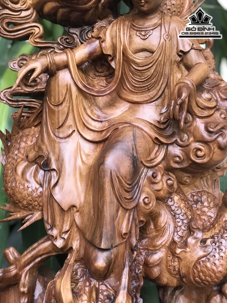 Tượng Phật Quan Âm Ngồi Trên Rồng Gỗ Bách Xanh Cao 98 Ngang 45 Sâu 28 (cm)8