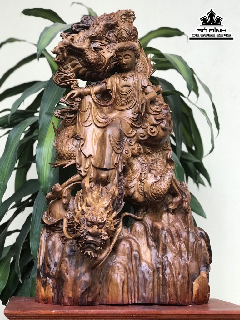 Tượng Phật Quan Âm Ngồi Trên Rồng Gỗ Bách Xanh Cao 98 Ngang 45 Sâu 28 (cm)9