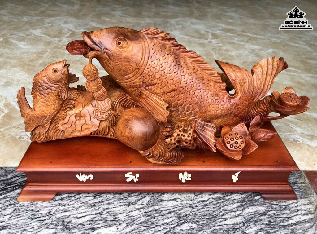 Tượng Cá Mẫu Tử Gỗ HƯơng Cao 35 Ngang 63 Sâu 25 (cm) 0