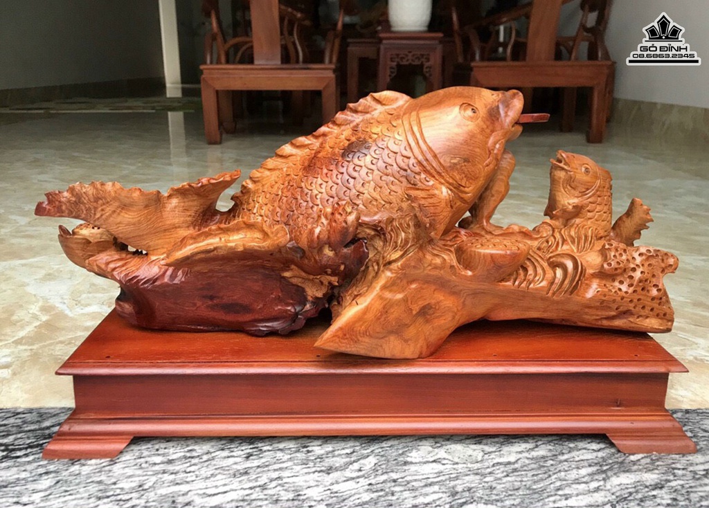 Tượng Cá Mẫu Tử Gỗ HƯơng Cao 35 Ngang 63 Sâu 25 (cm) 3