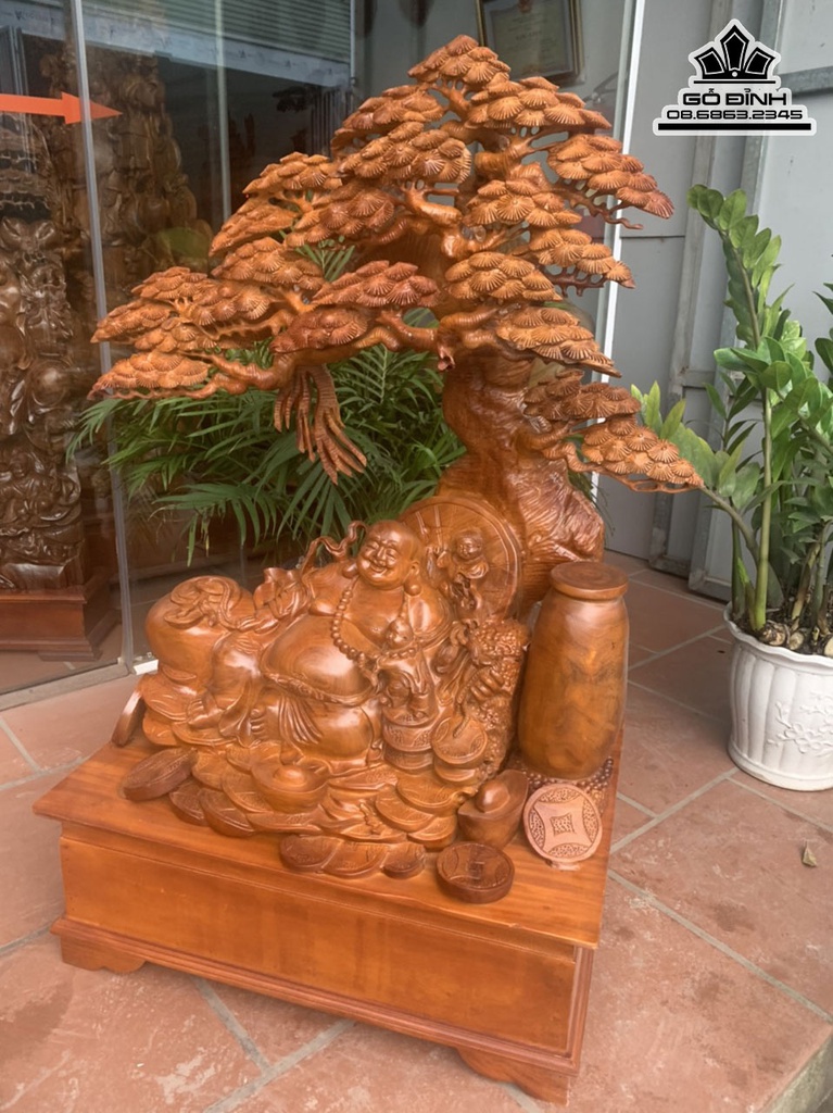 Tượng Phật Di Lặc Nhị Phúc Ngồi Gốc Tùng Gỗ Hương Cao 122 Ngang 85 Sâu 54 (cm) 0