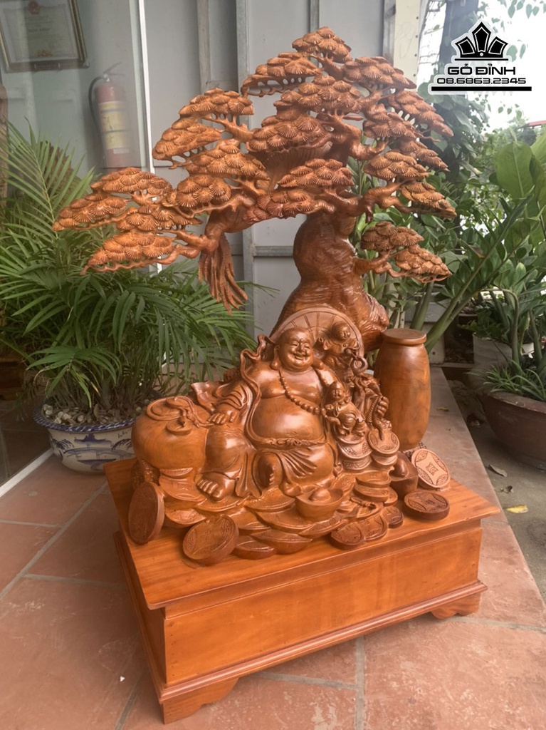 Tượng Phật Di Lặc Nhị Phúc Ngồi Gốc Tùng Gỗ Hương Cao 122 Ngang 85 Sâu 54 (cm) 1