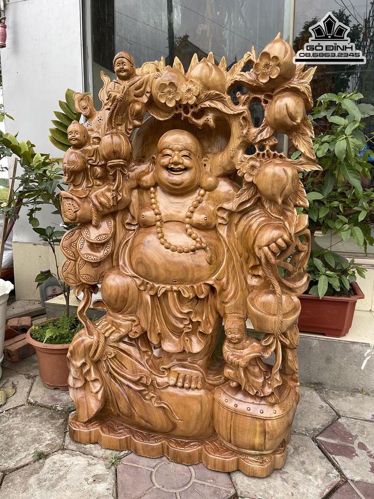 Tượng Phật D Lặc Vác Cành Đào Gỗ Xá Xị Cao 93 Ngang 58 Sâu 24 (cm) 0