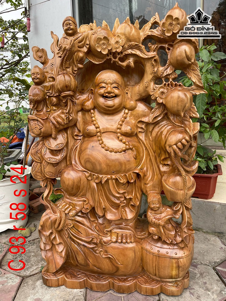 Tượng Phật D Lặc Vác Cành Đào Gỗ Xá Xị Cao 93 Ngang 58 Sâu 24 (cm) 2