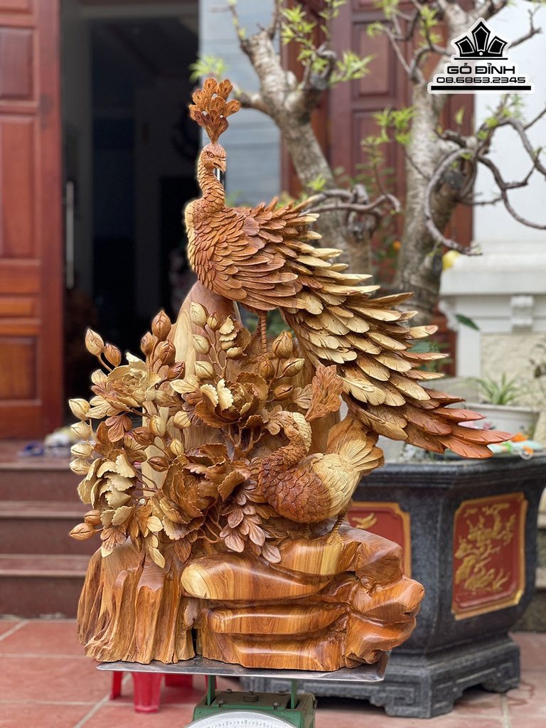 Tượng Song Phụng Uyên Ương Gỗ Hương Cao 93 Ngang 75 Sâu 30 (cm) 2