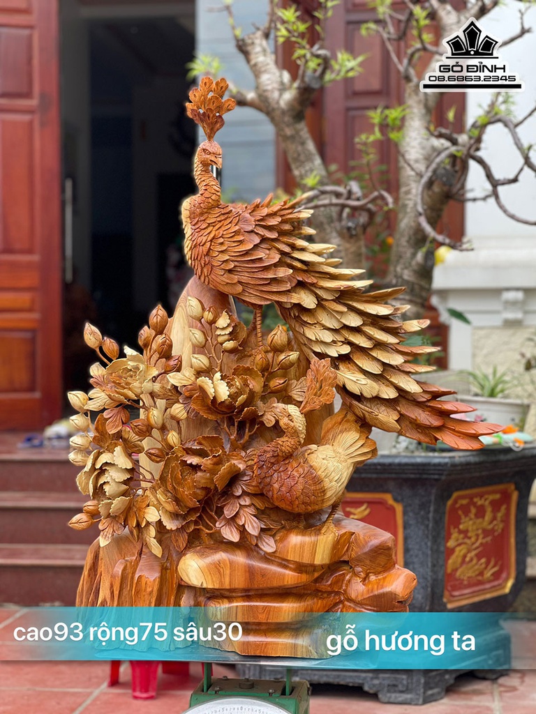 Tượng Song Phụng Uyên Ương Gỗ Hương Cao 93 Ngang 75 Sâu 30 (cm) 3