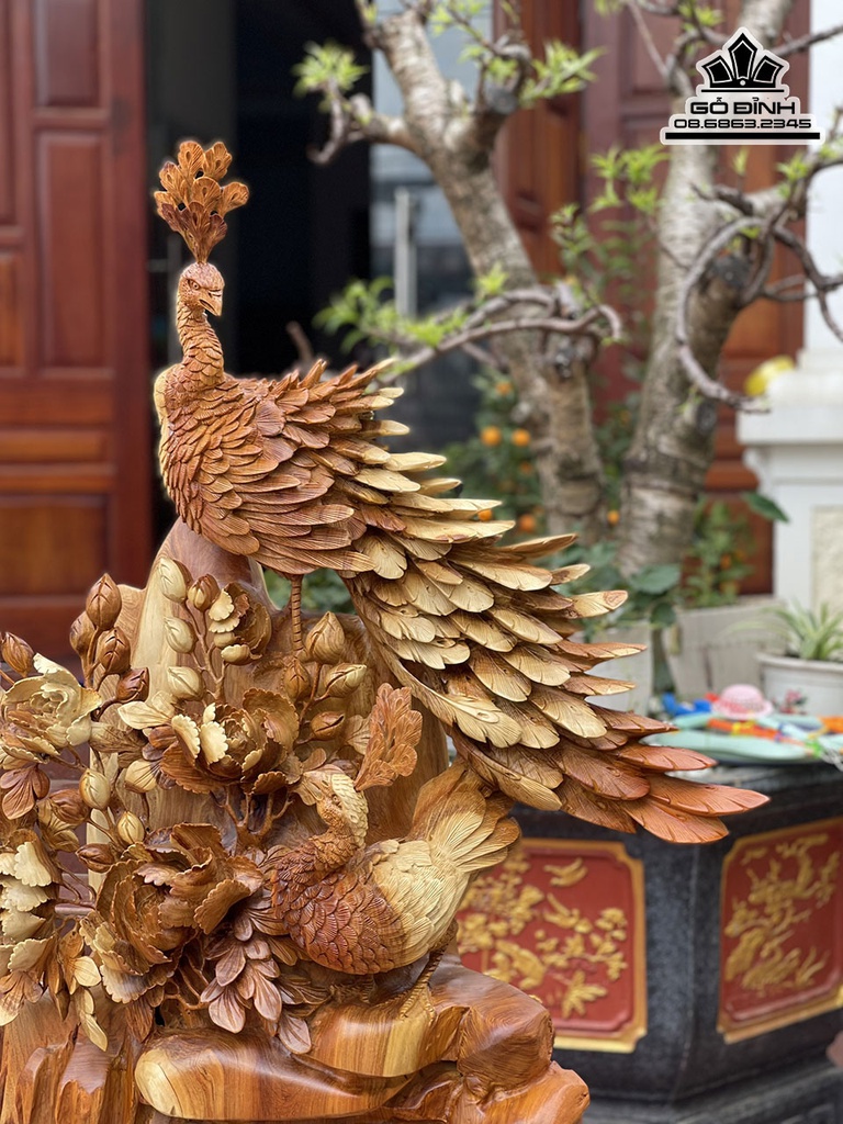 Tượng Song Phụng Uyên Ương Gỗ Hương Cao 93 Ngang 75 Sâu 30 (cm) 5