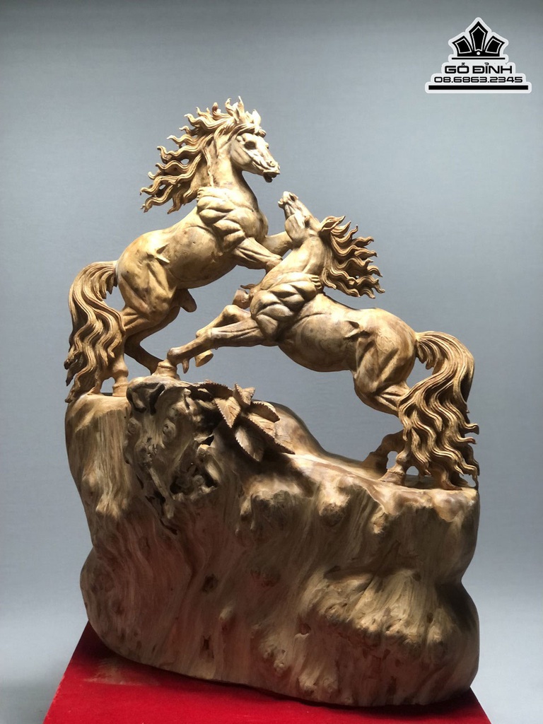 Tượng Song Mã Uyên Ương Gỗ Ngọc Am Hà Giang Liền Khối Cao 65 Ngang 52 Sâu 21 (cm) 0