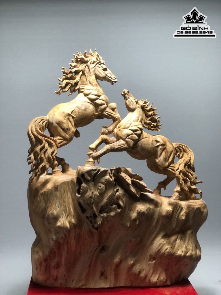 Tượng Song Mã Uyên Ương Gỗ Ngọc Am Hà Giang Liền Khối Cao 65 Ngang 52 Sâu 21 (cm) 1