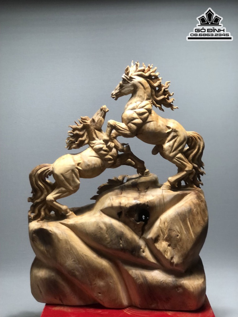 Tượng Song Mã Uyên Ương Gỗ Ngọc Am Hà Giang Liền Khối Cao 65 Ngang 52 Sâu 21 (cm) 3