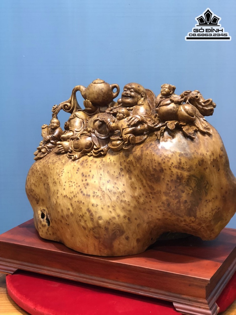 Tượng Di Lặc Tam Phúc Gỗ Ngọc Am Liền Khối Cao 58 Ngang 65 Sâu 35 Cả Kỷ 68 (cm) 2