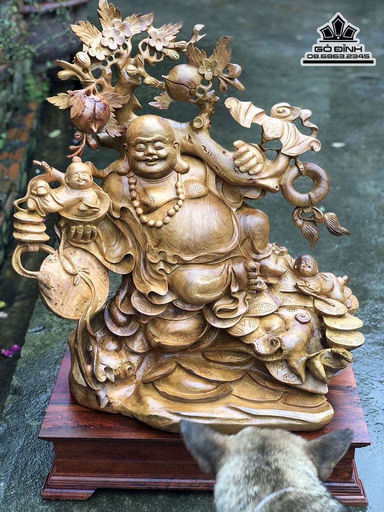 Tượng Phật Di Lặc Nhị Phúc Vác Cành Đào Gỗ Hương Cao 89 Ngang 70 Sâu 35 (cm) 2