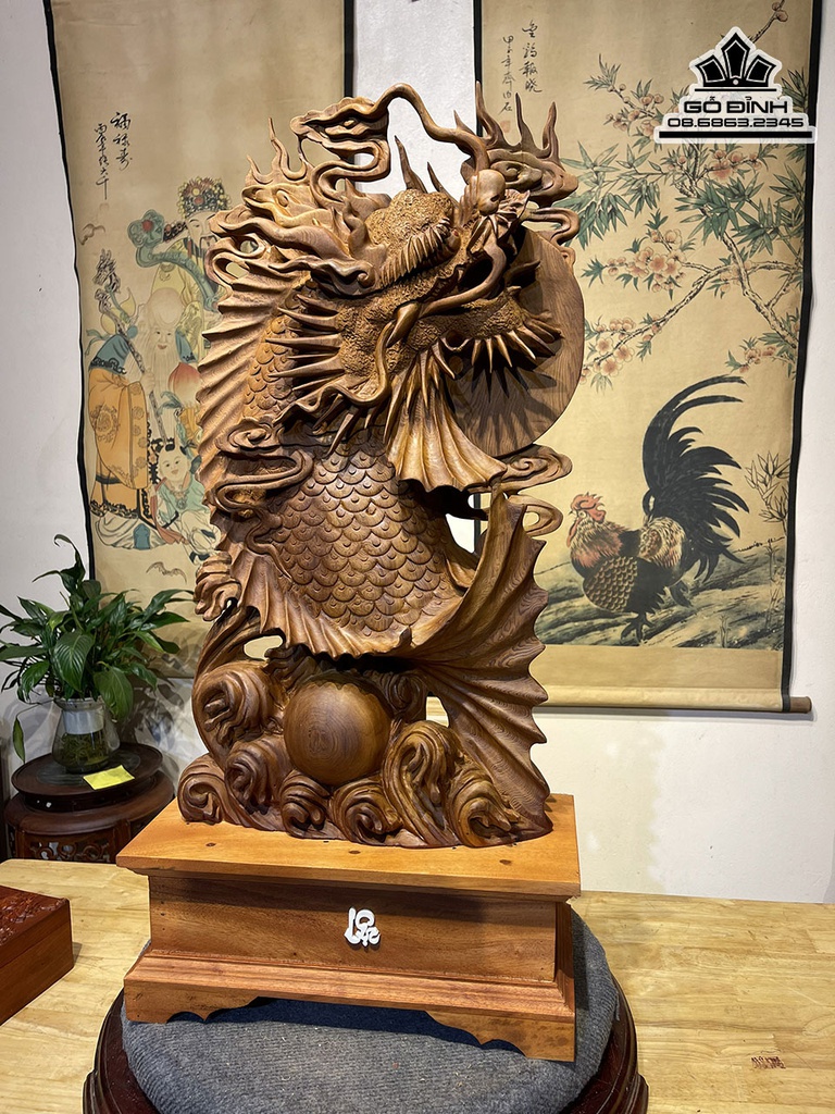 Tượng Cá Chép Hóa Rồng Gỗ Ngọc Am Cao 62 Ngang 35 Sâu 12 (cm) 0