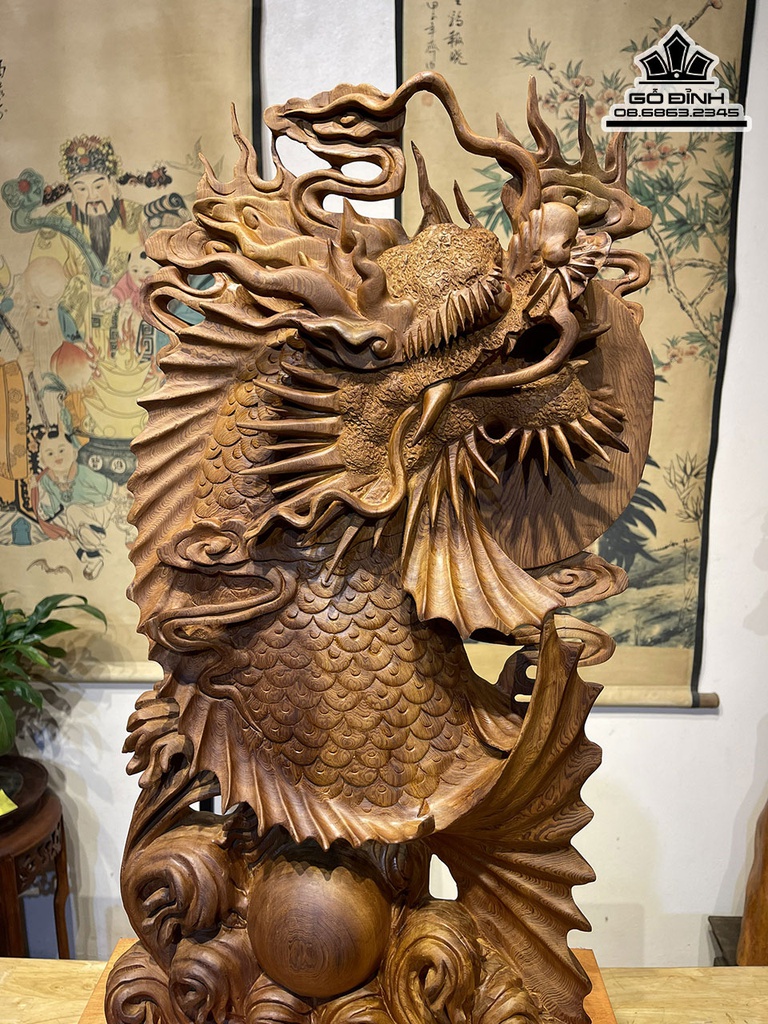 Tượng Cá Chép Hóa Rồng Gỗ Ngọc Am Cao 62 Ngang 35 Sâu 12 (cm) 2