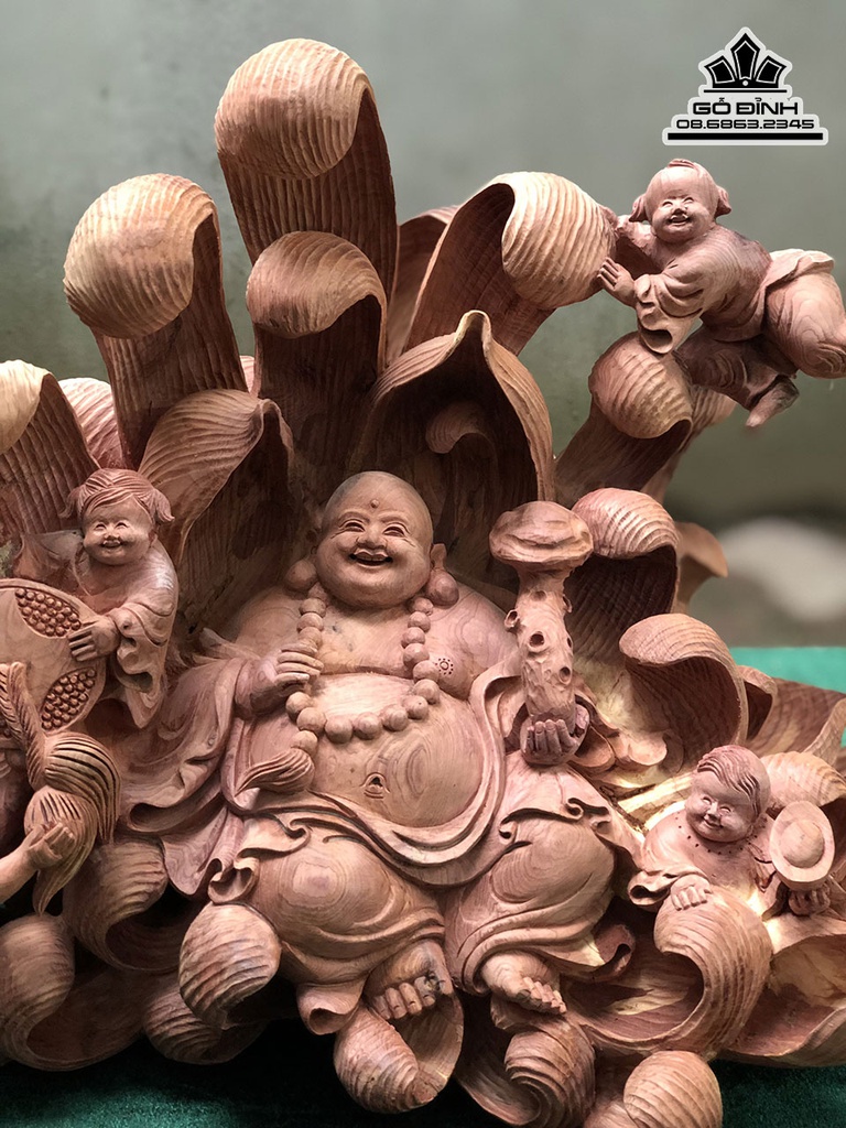 Tượng Phật Di Lặc Ngũ Phúc Gỗ Tùng Đỏ Cao 30 Ngang 45 Sâu 27 (cm) 1