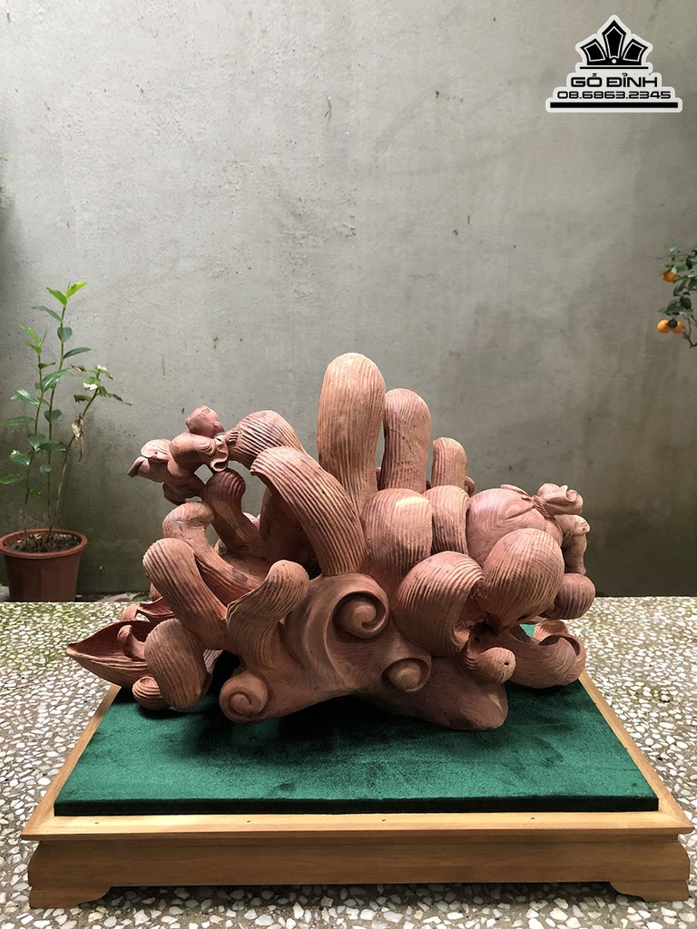 Tượng Phật Di Lặc Ngũ Phúc Gỗ Tùng Đỏ Cao 30 Ngang 45 Sâu 27 (cm) 3