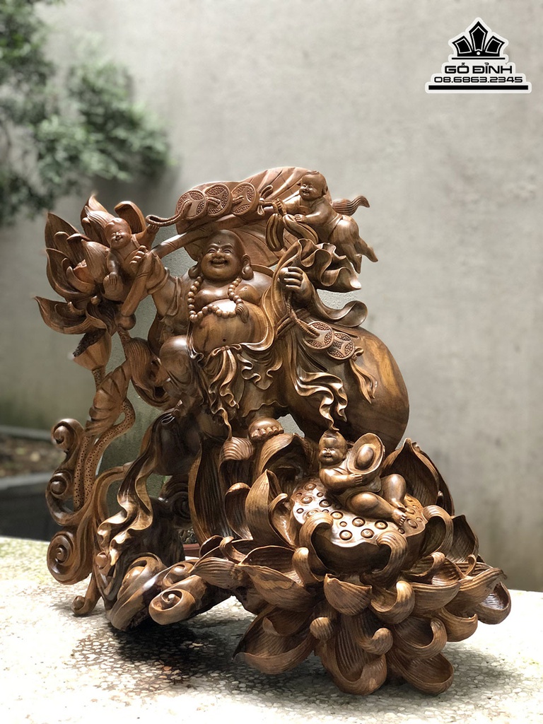 Tượng Phật Di Lặc Tam Phúc Gỗ Bách Xanh Cao 52 Ngang 60 Sâu 32 (cm) 0