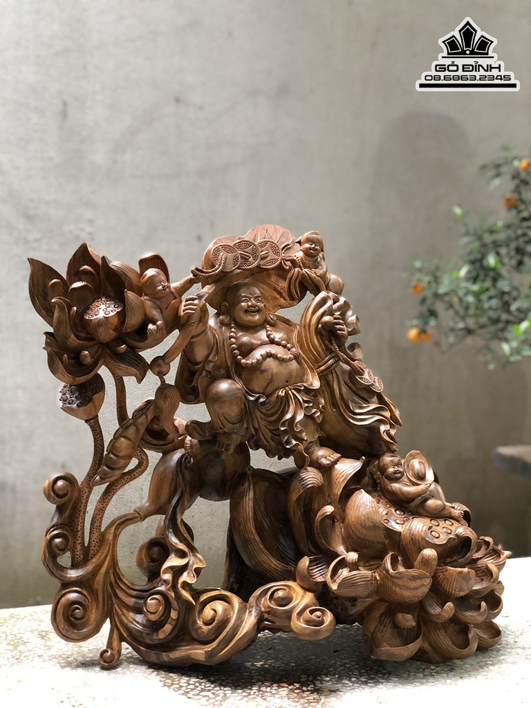 Tượng Phật Di Lặc Tam Phúc Gỗ Bách Xanh Cao 52 Ngang 60 Sâu 32 (cm) 1