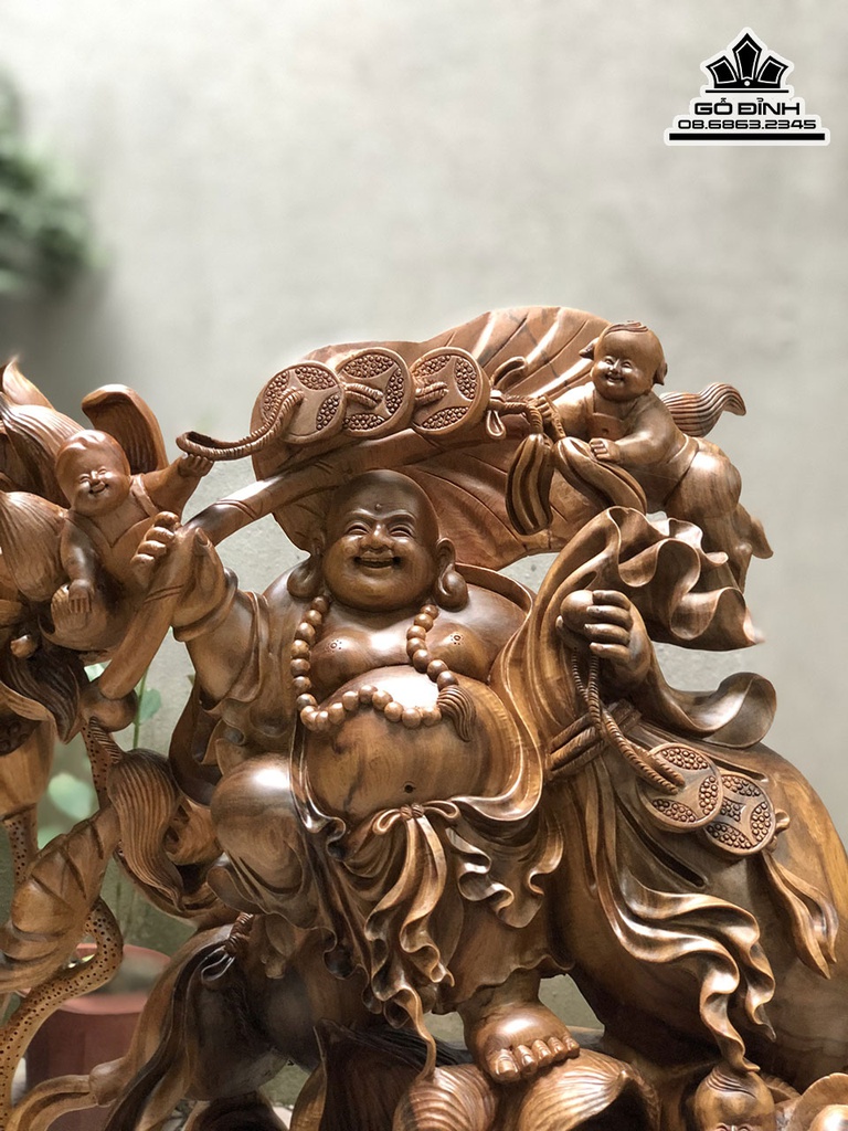 Tượng Phật Di Lặc Tam Phúc Gỗ Bách Xanh Cao 52 Ngang 60 Sâu 32 (cm) 2